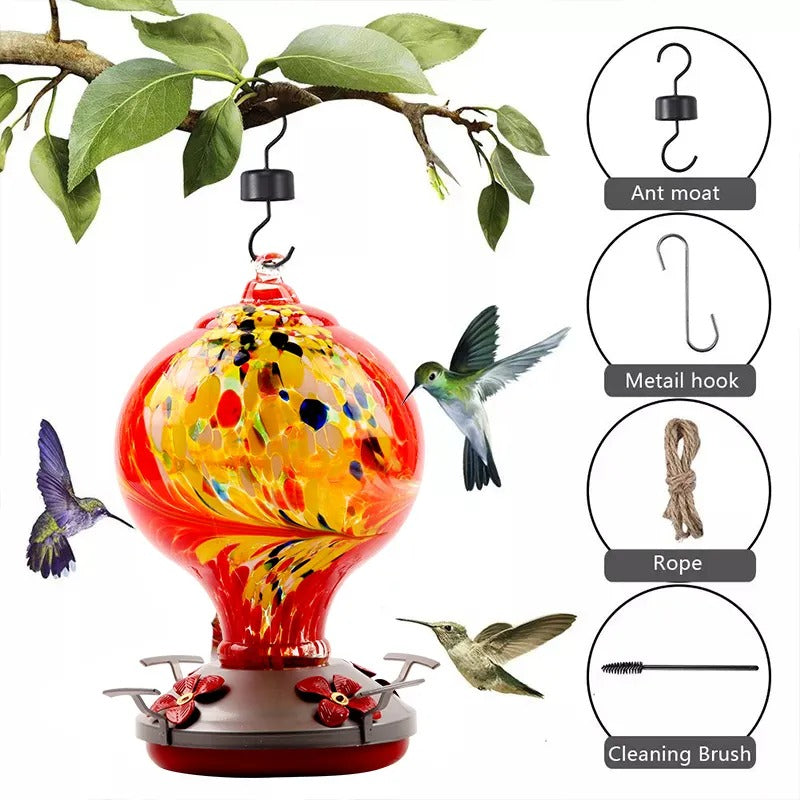 Glosrity Hand Blown Glass Hummingbird Feeder - 32 Ounces