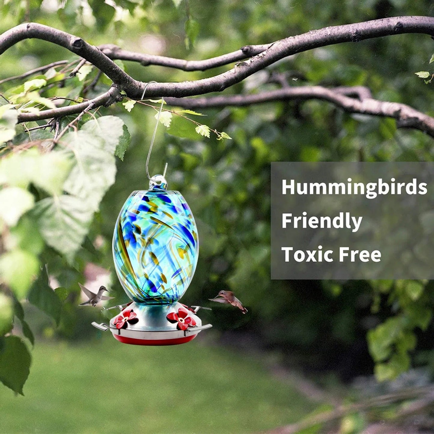 Glosrity Hand Blown Glass Hummingbird Feeder - 25 Ounces