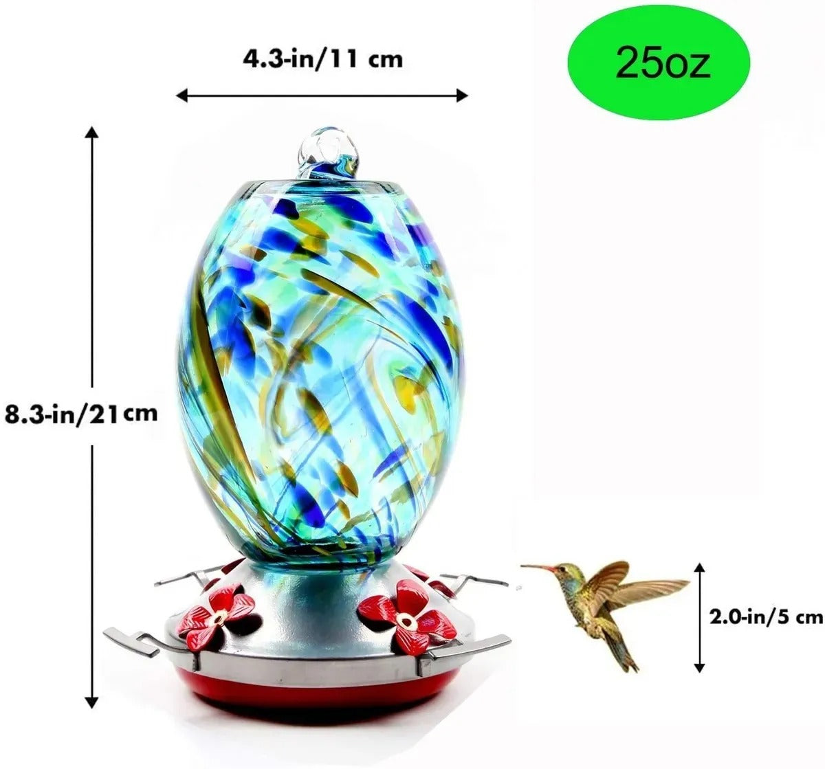 Glosrity Hand Blown Glass Hummingbird Feeder - 25 Ounces