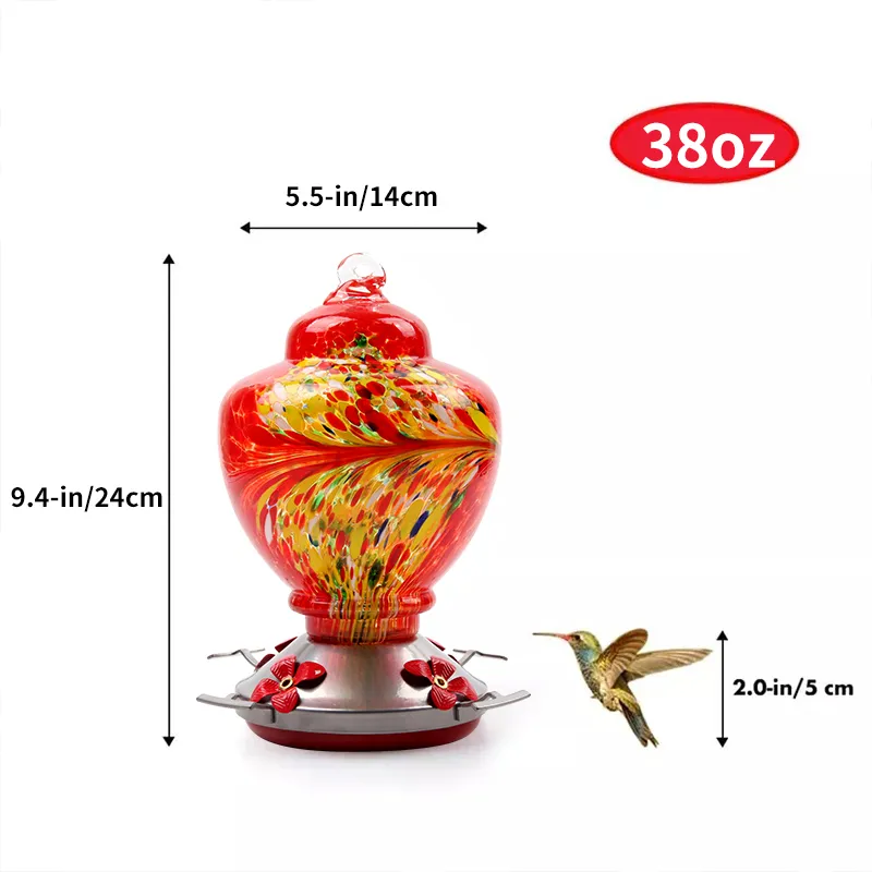 Glosrity Hand Blown Glass Hummingbird Feeder - 38 Ounces