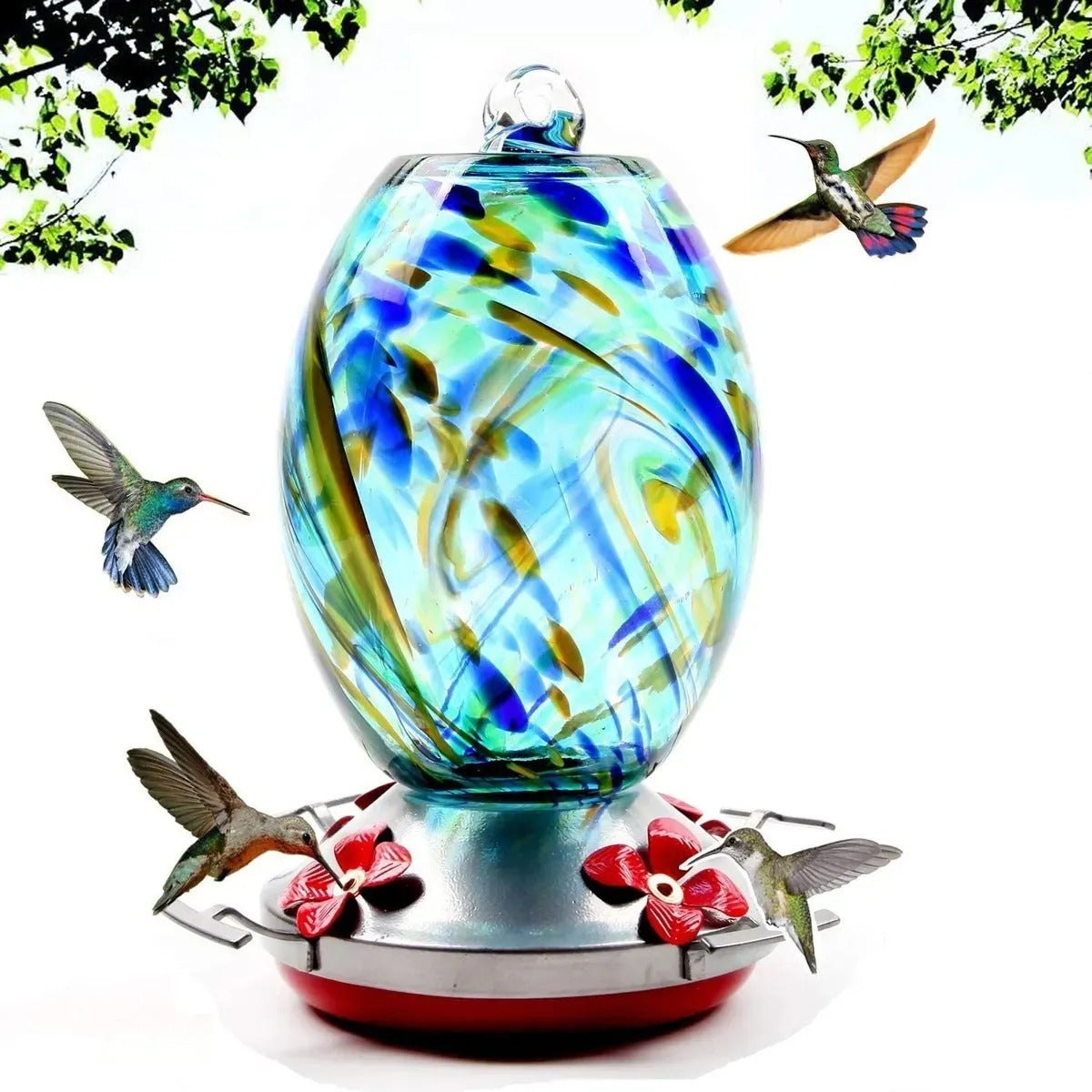 Glosrity Hand Blown Glass Hummingbird Feeder - 25 Ounces