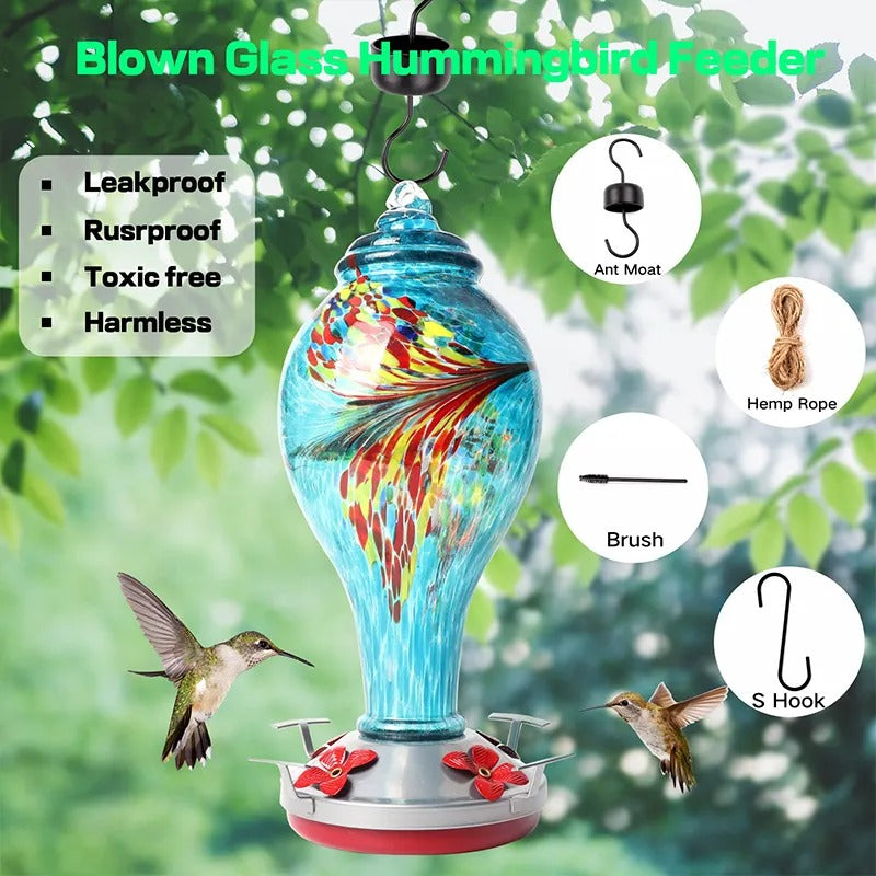 Glosrity Hand Blown Glass Hummingbird Feeder - 25 Ounces