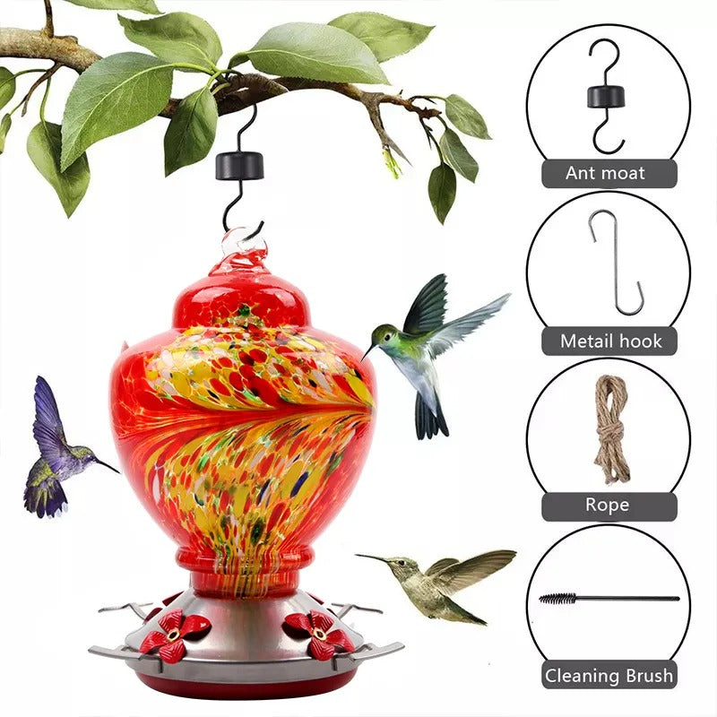 Glosrity Hand Blown Glass Hummingbird Feeder - 38 Ounces