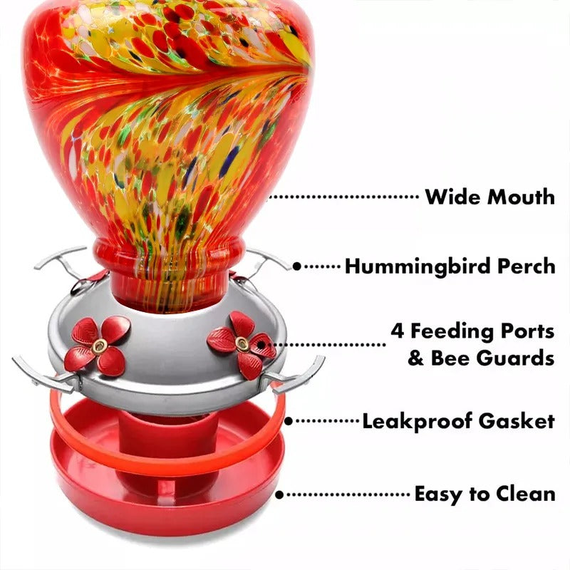 Glosrity Hand Blown Glass Hummingbird Feeder - 38 Ounces